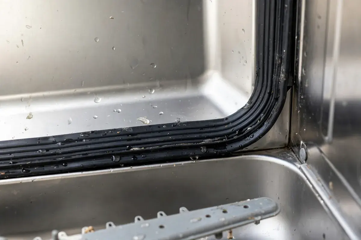 Open dishwasher door with a close look at the rubber seal and lower corner