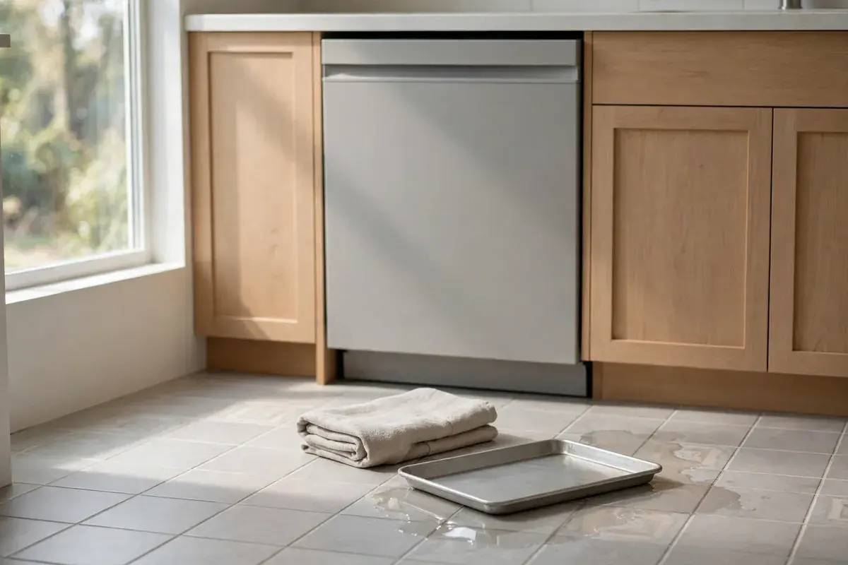 Kitchen floor in front of a dishwasher with a dry towel laid out to catch drips