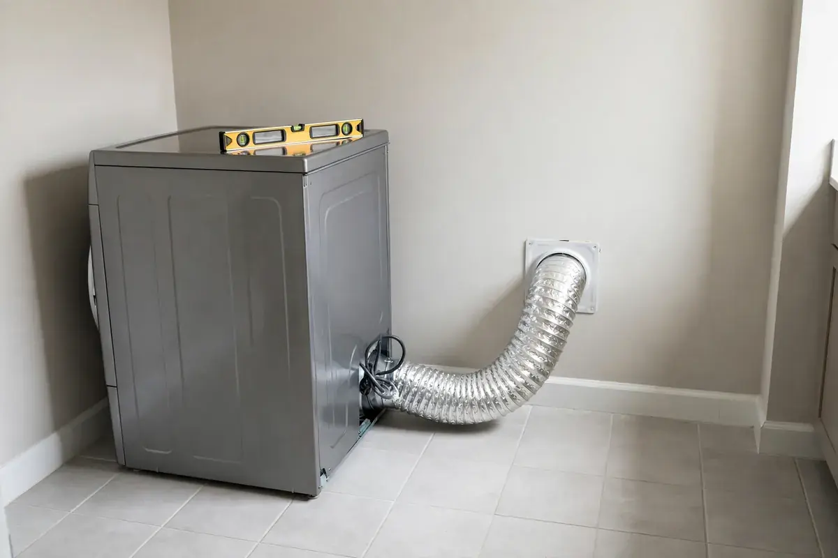 Dryer pulled slightly from the wall with a small level resting on top