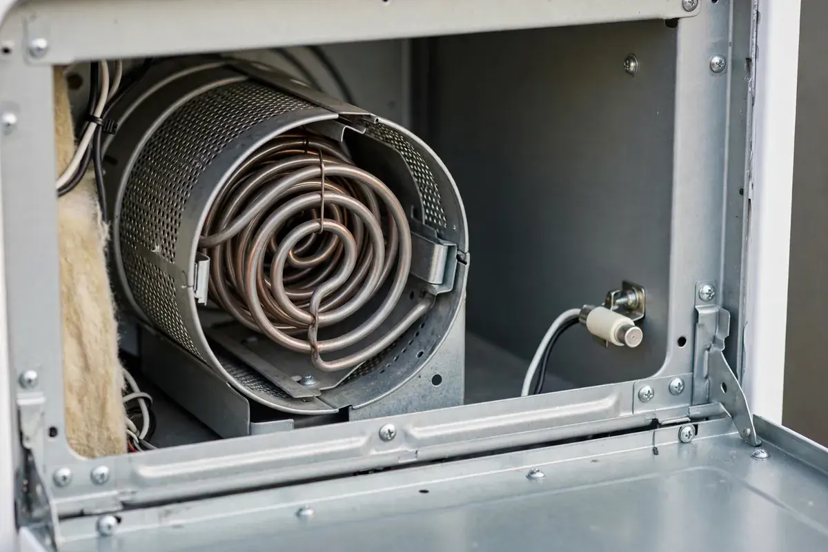 Open dryer panel with the heating element housing and a thermal fuse in view