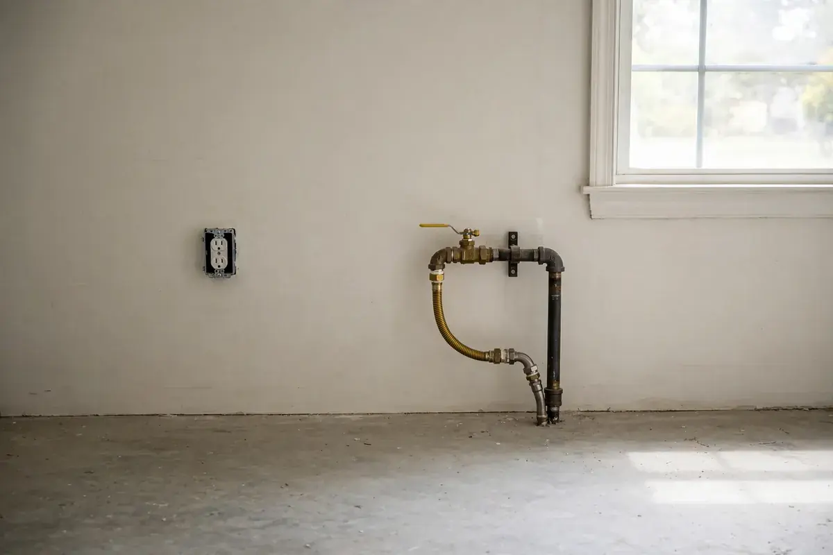 Utility room wall showing an electric dryer outlet and a gas line shutoff