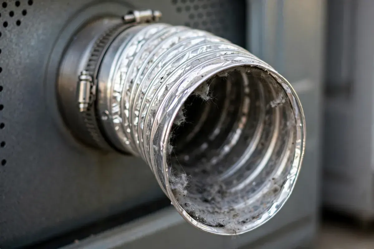 Lint built up inside a dryer duct elbow at the back of the dryer
