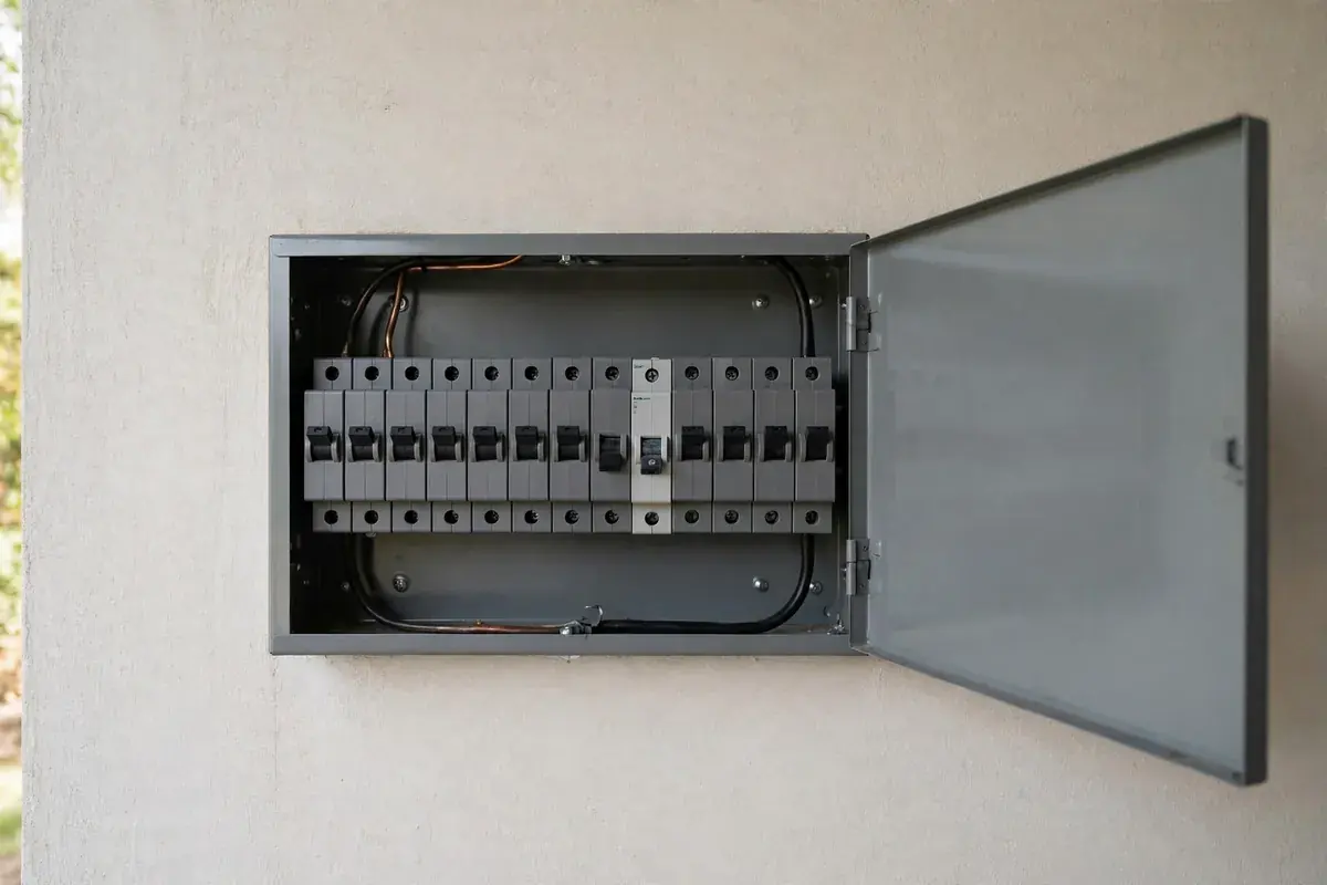 Open breaker panel on a garage wall with one handle switched off