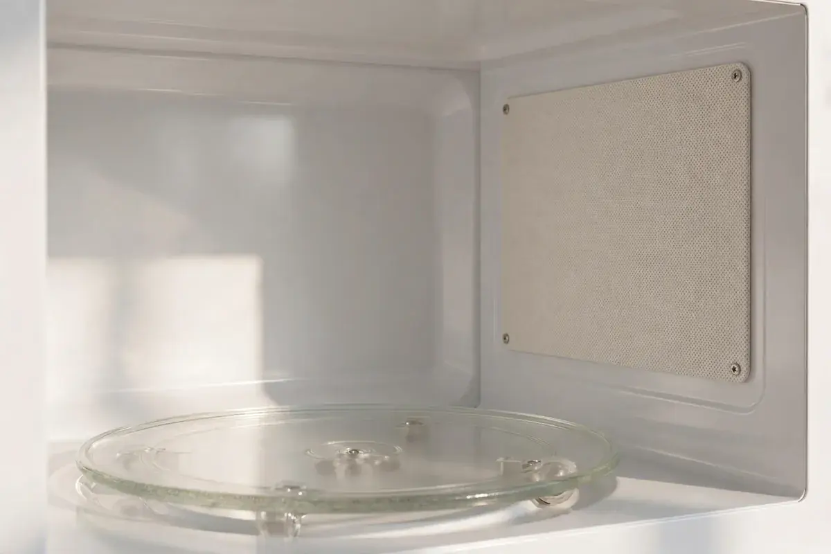 Microwave interior with the turntable and waveguide cover shown up close