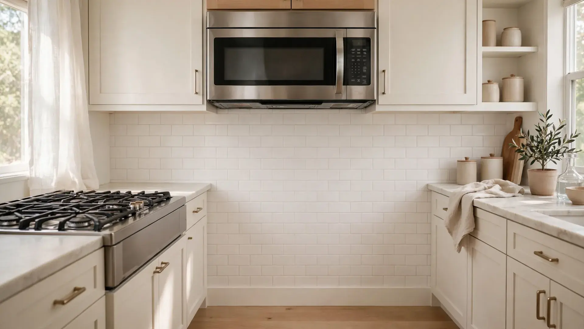 A built-in microwave above a gas cooktop in a bright kitchen
