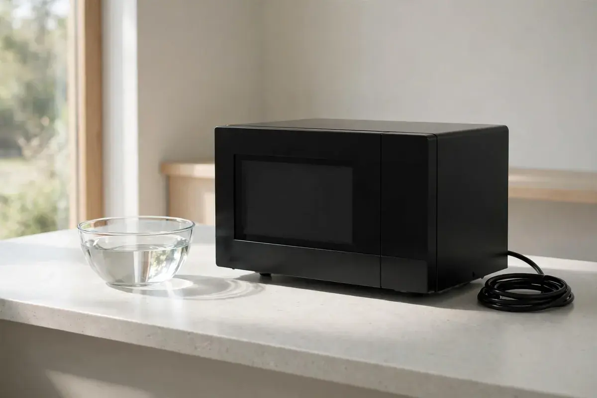 Unplugged countertop microwave on a kitchen counter with its cord beside it