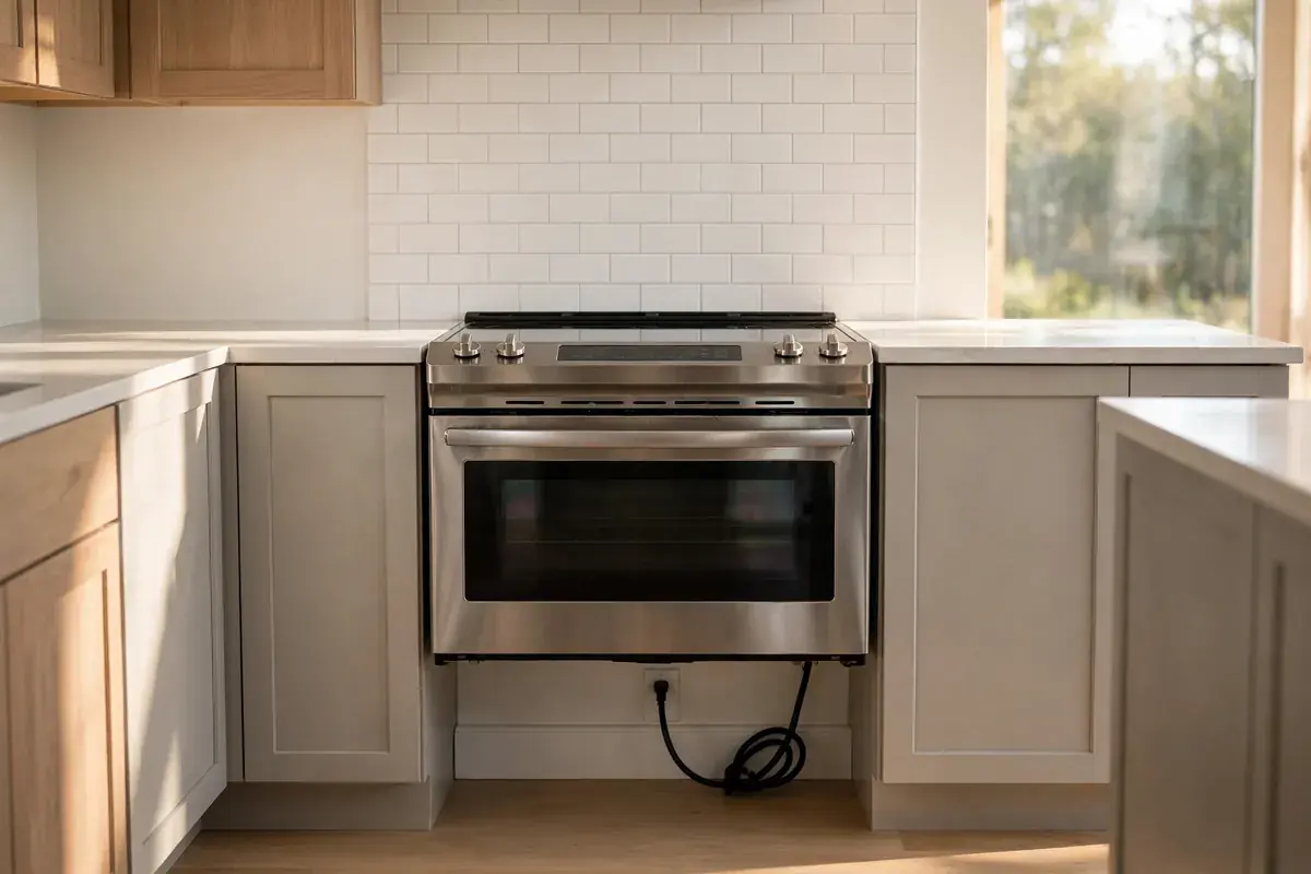Electric range in a kitchen with its power cord visible near the back