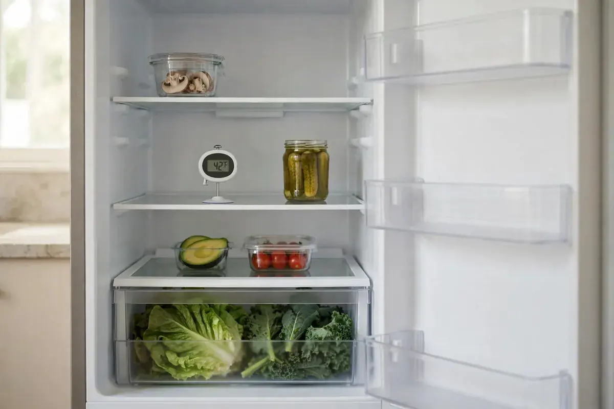 Open refrigerator with spaced shelves and a small thermometer on the middle shelf