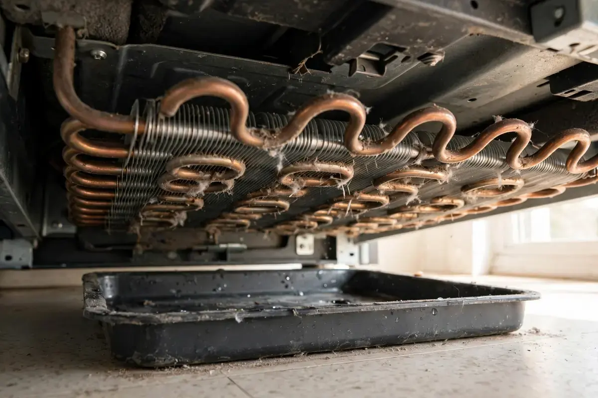 Refrigerator condenser coils with a light layer of dust seen from the floor