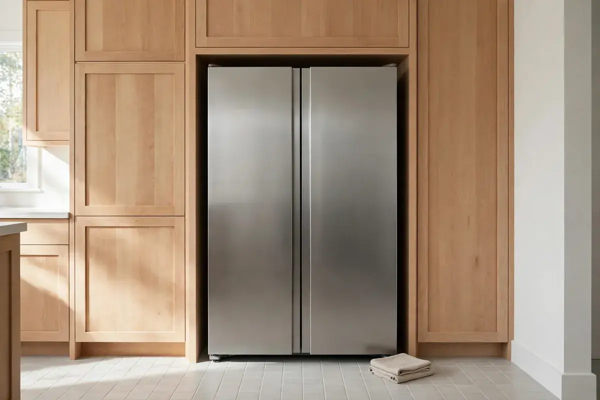 Side by side refrigerator in a cabinet alcove on a clean tile floor