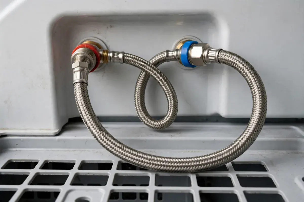 Washer back panel with the hot and cold inlet hose connections