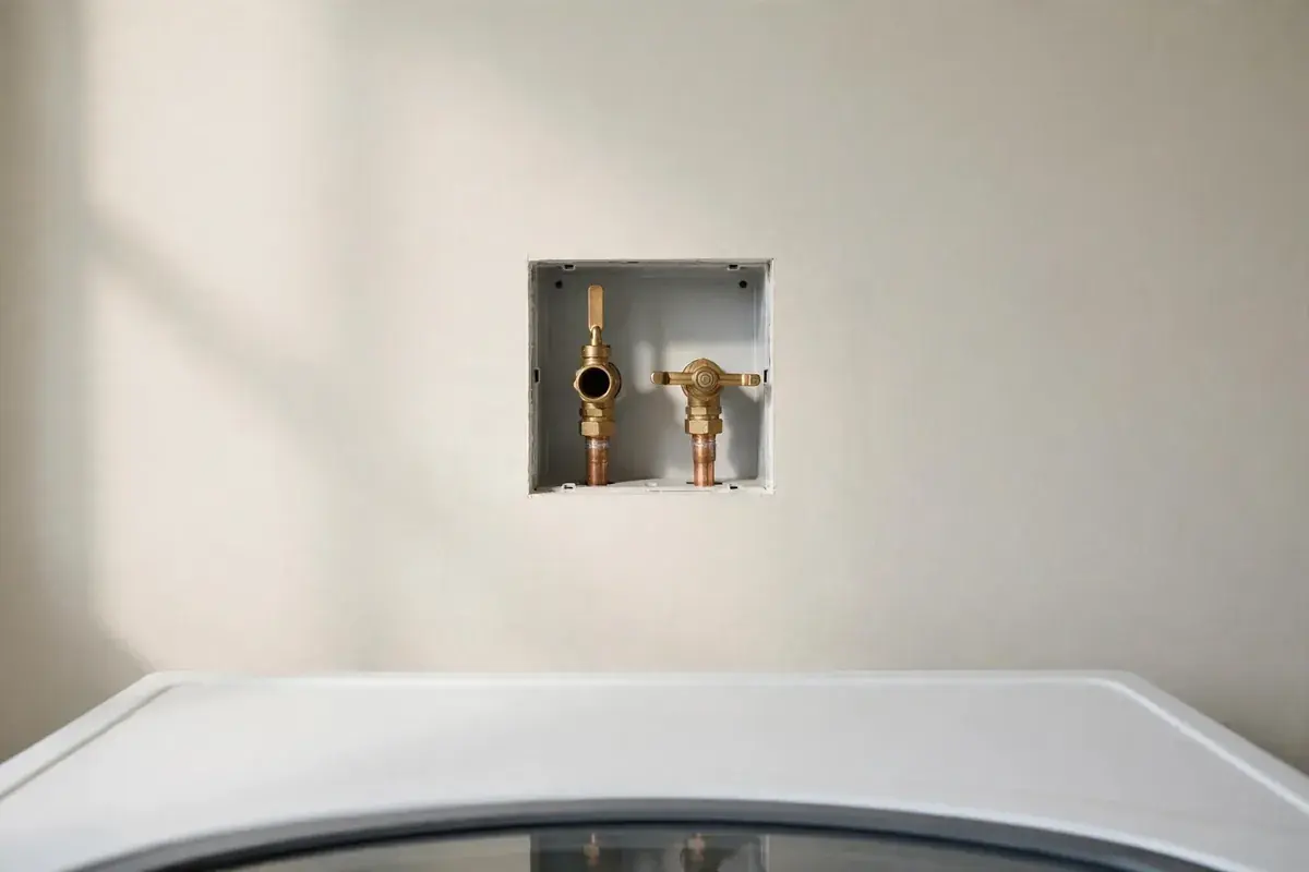 Wall box with two washer supply valves, one open and one closed