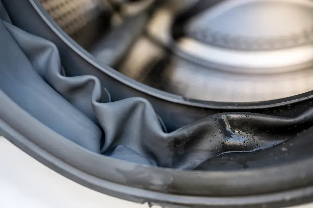 Front load washer door seal folds with a small damp spot