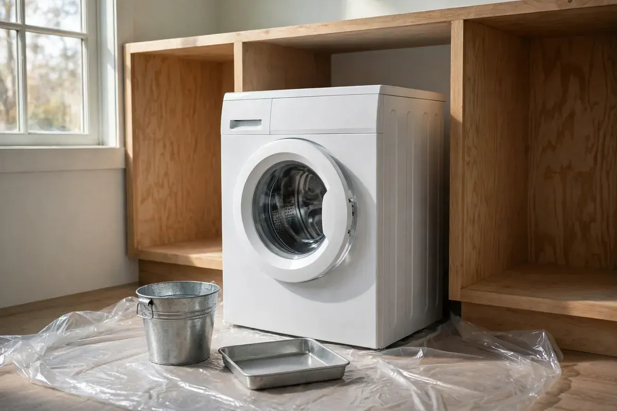 Washer pulled out of a laundry nook with a bucket and pan on the floor