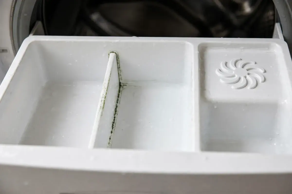 Pulled-out washer detergent drawer showing a faint line of mildew in the compartment