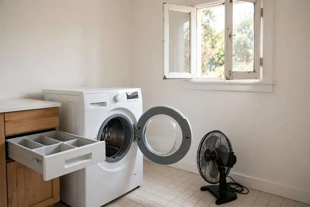 Laundry room with the washer door and drawer open and a fan nearby